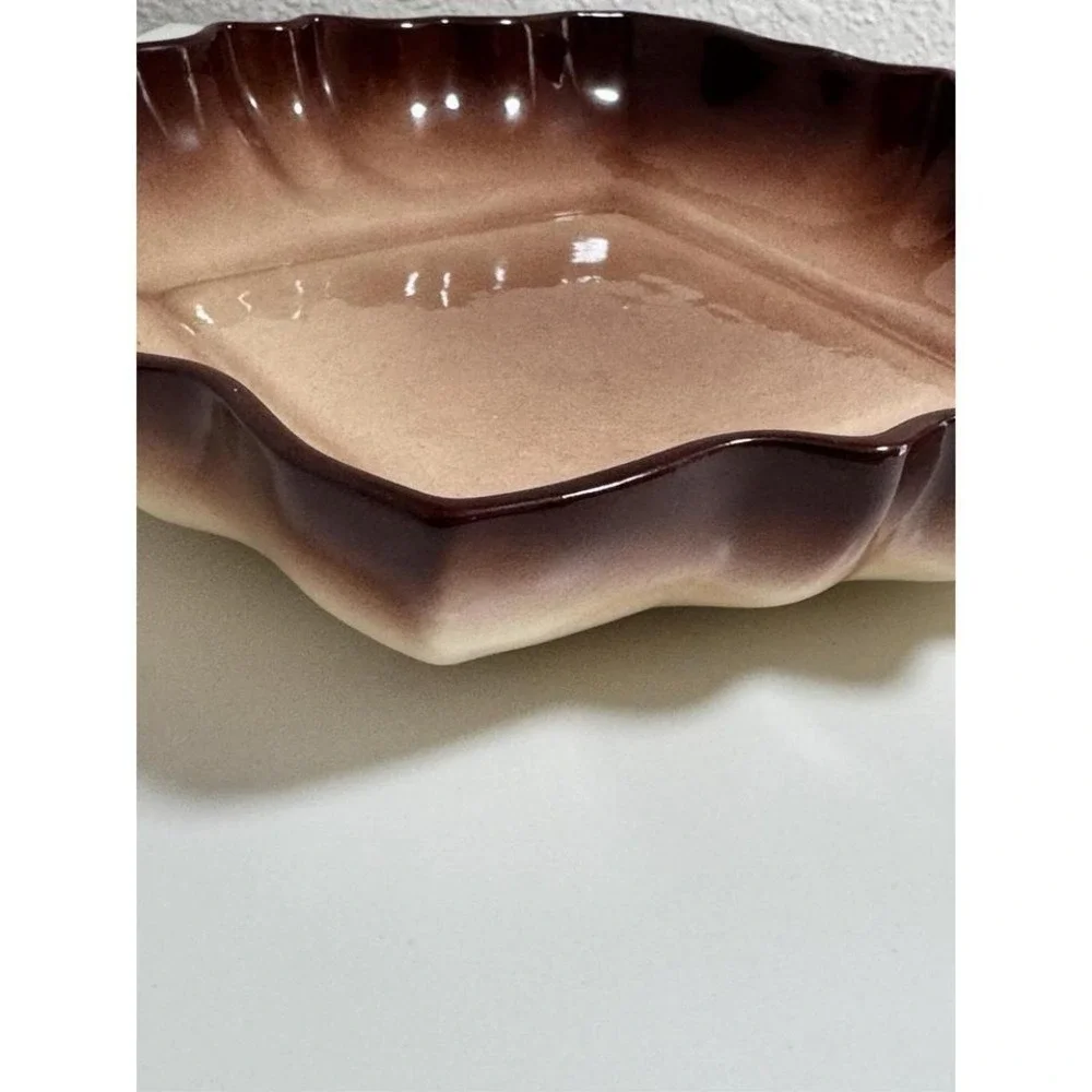 Vintage Scalloped Edge Square Ceramic‎ Plate Brown Gradient Design